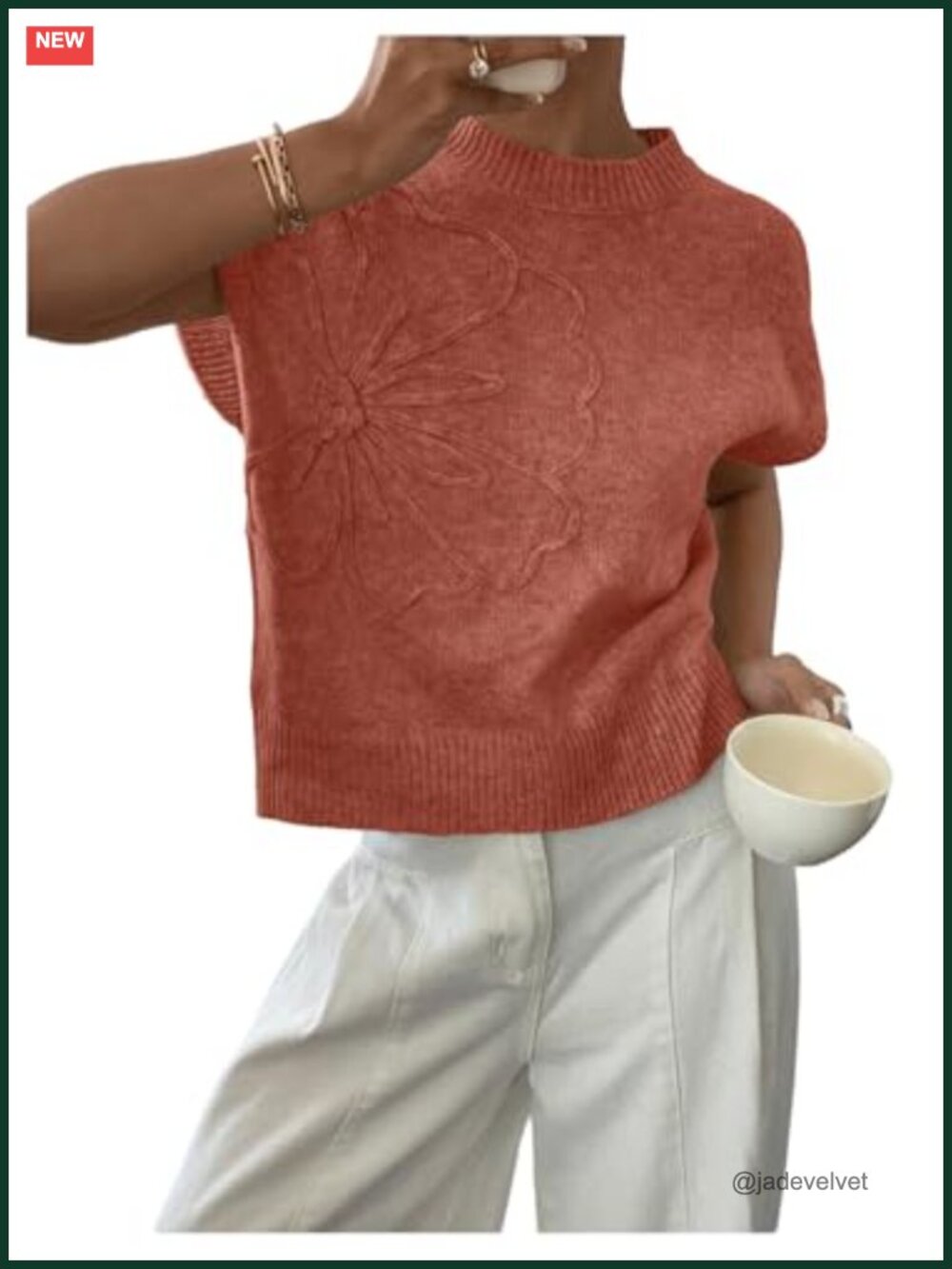 Women's Short Sleeve Business Casual Sweater 3D Floral Crochet Ribbed Knit